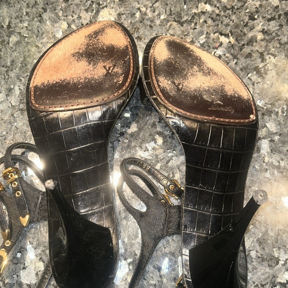 Louis Vuitton black suede with gold buckle heeled sandals, ankle straps - Picture 8 of 10